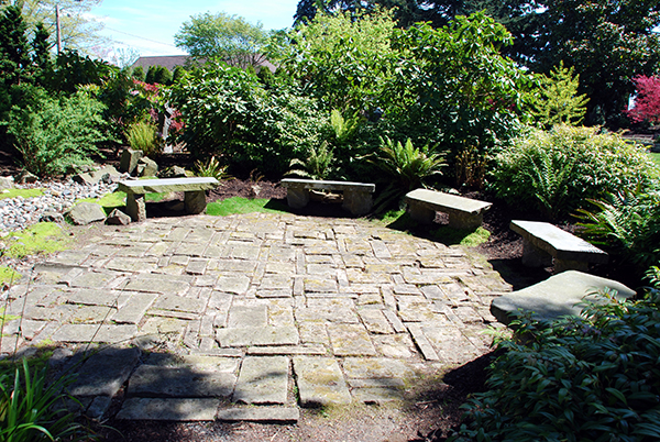 Benched seating area in garden